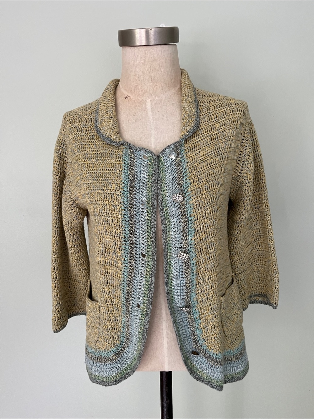 J.Jill Vintage Light Olive Crochet Open-Front Cardigan with Seafoam Trim - Picture 1 of 9